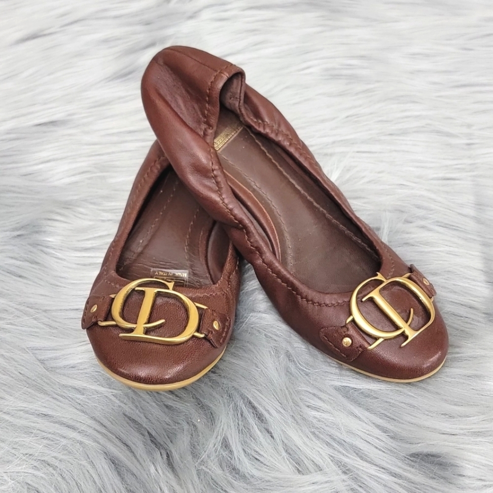 Christian Dior Italy Brown Leather Womens Flats